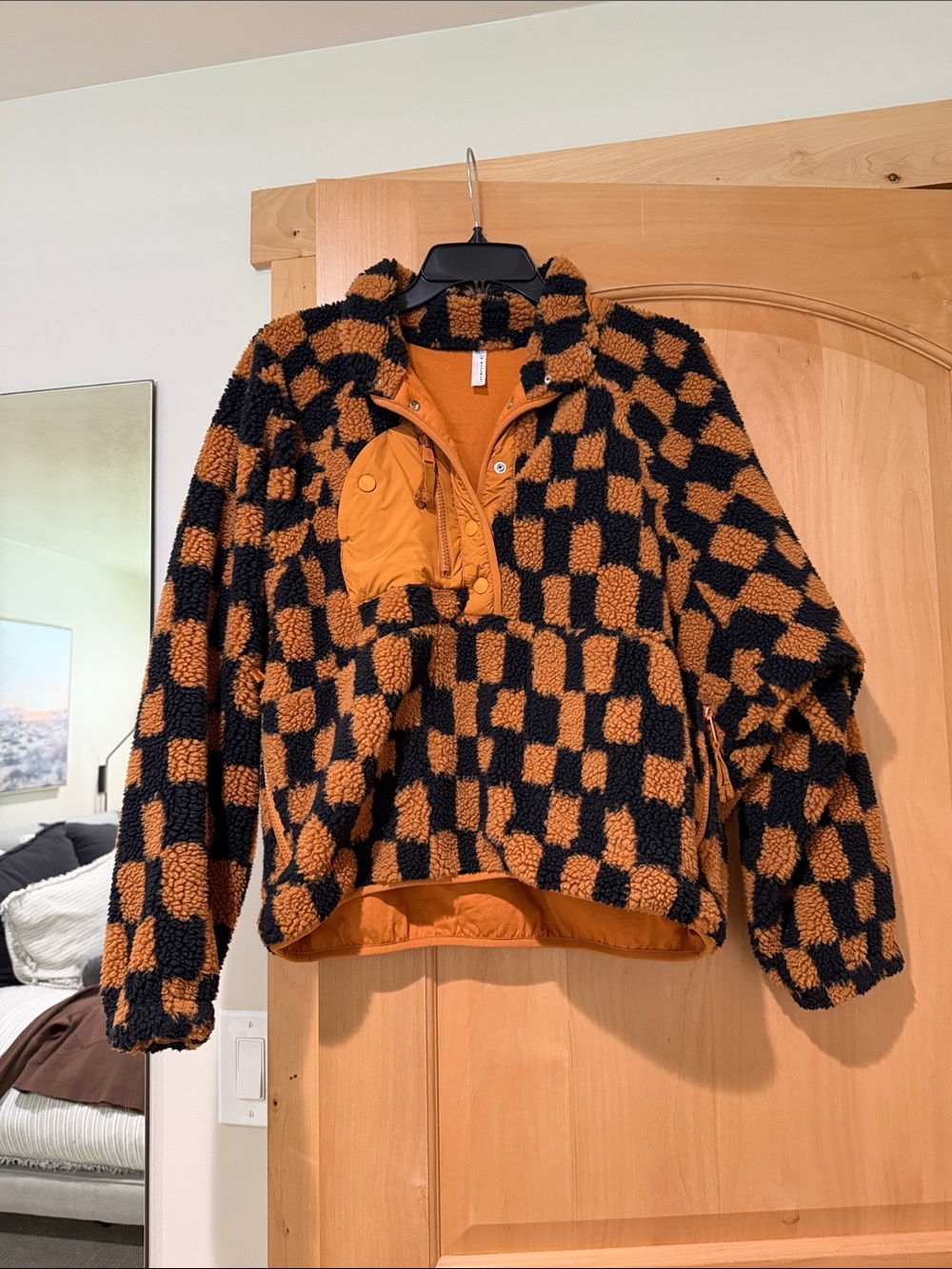 FP Movement by Free People Orange and Black Check Sherpa Pullover